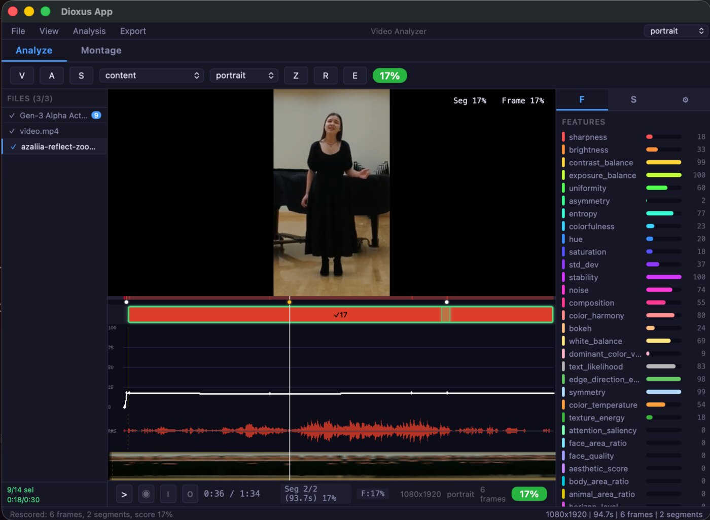 Per-frame feature scores on the right, segment timeline and audio energy below the preview.